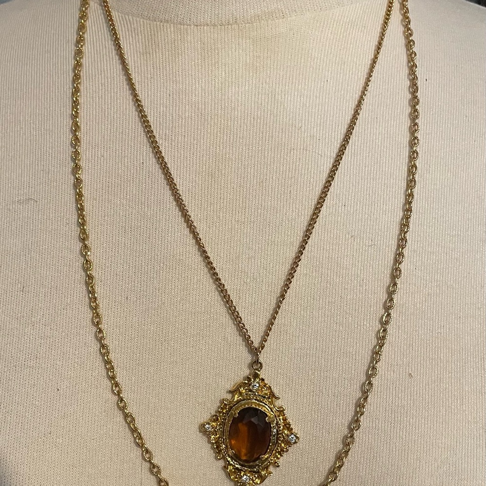Gold-Tone Pendant Necklace with Amber Center Stone - Women Jewelry